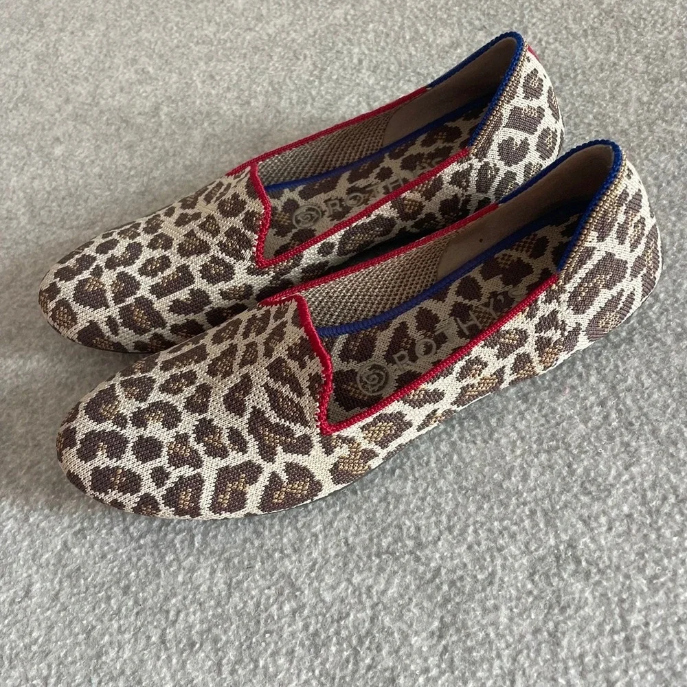 Rothys The Loafer Mocha Spot Retired Knit Flats Red Trim Womens Size 8 - Picture 2 of 7